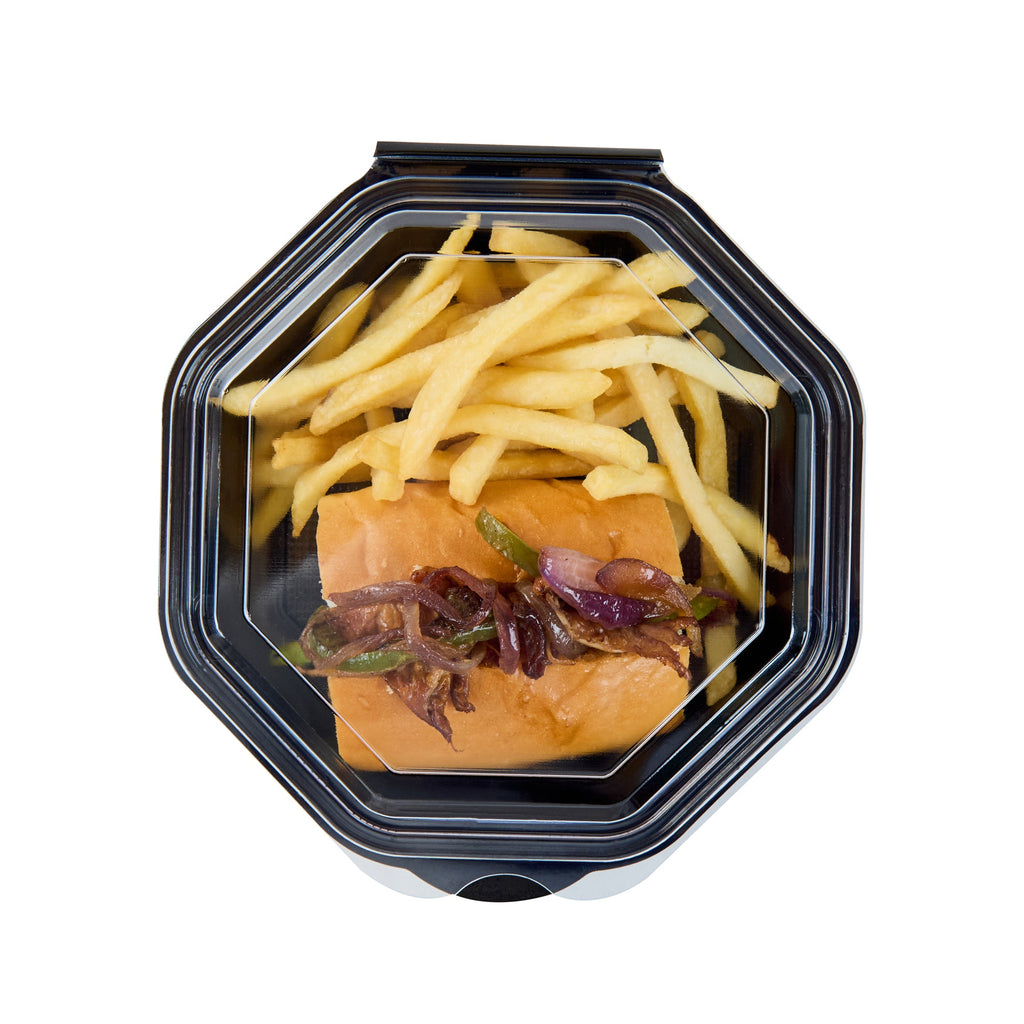 Chef 101 Octagon Black Plastic Food Container - with Clear Lid - 6 1/4" x 6 1/4" x 2" - 100 count box