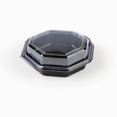 Chef 101 Octagon Black Plastic Food Container - with Clear Lid - 6 1/4" x 6 1/4" x 2" - 100 count box
