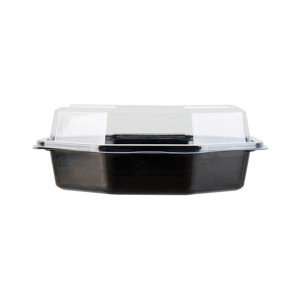 Chef 101 Octagon Black Plastic Food Container - with Clear Lid - 6 1/4" x 6 1/4" x 2" - 100 count box
