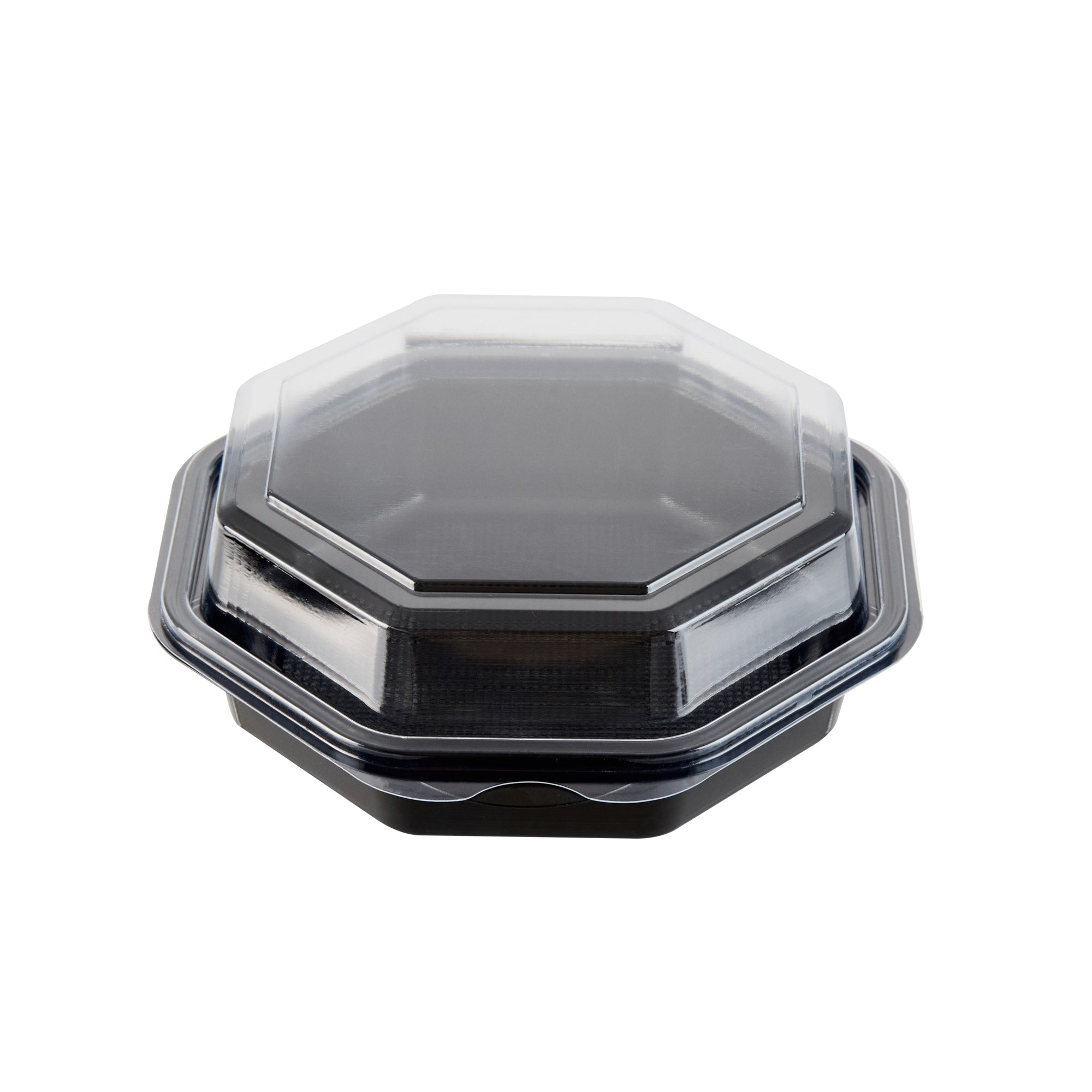 Chef 101 Octagon Black Plastic Food Container - with Clear Lid - 6 1/4" x 6 1/4" x 2" - 100 count box