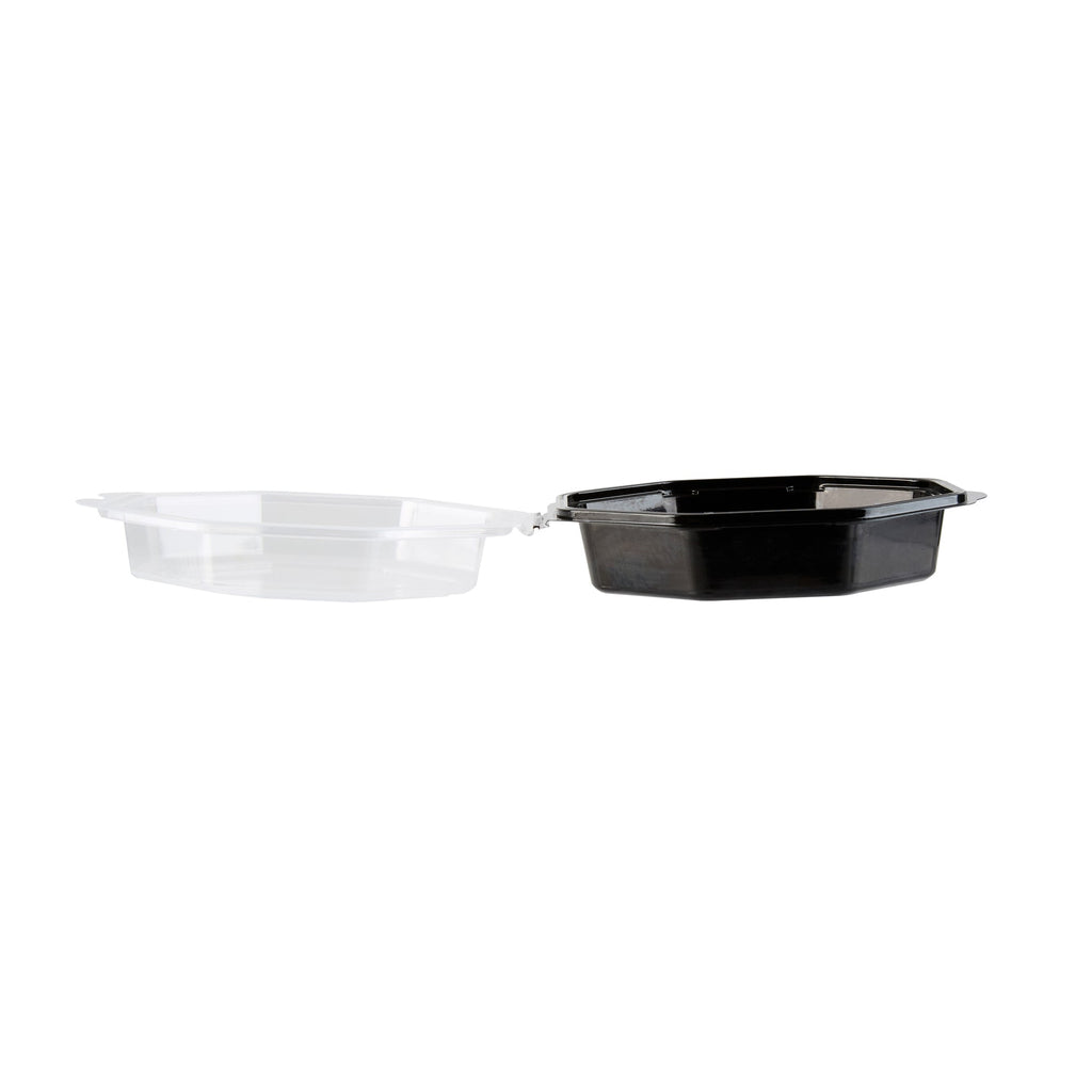 Chef 101 Octagon Black Plastic Food Container - with Clear Lid - 6 1/4" x 6 1/4" x 2" - 100 count box