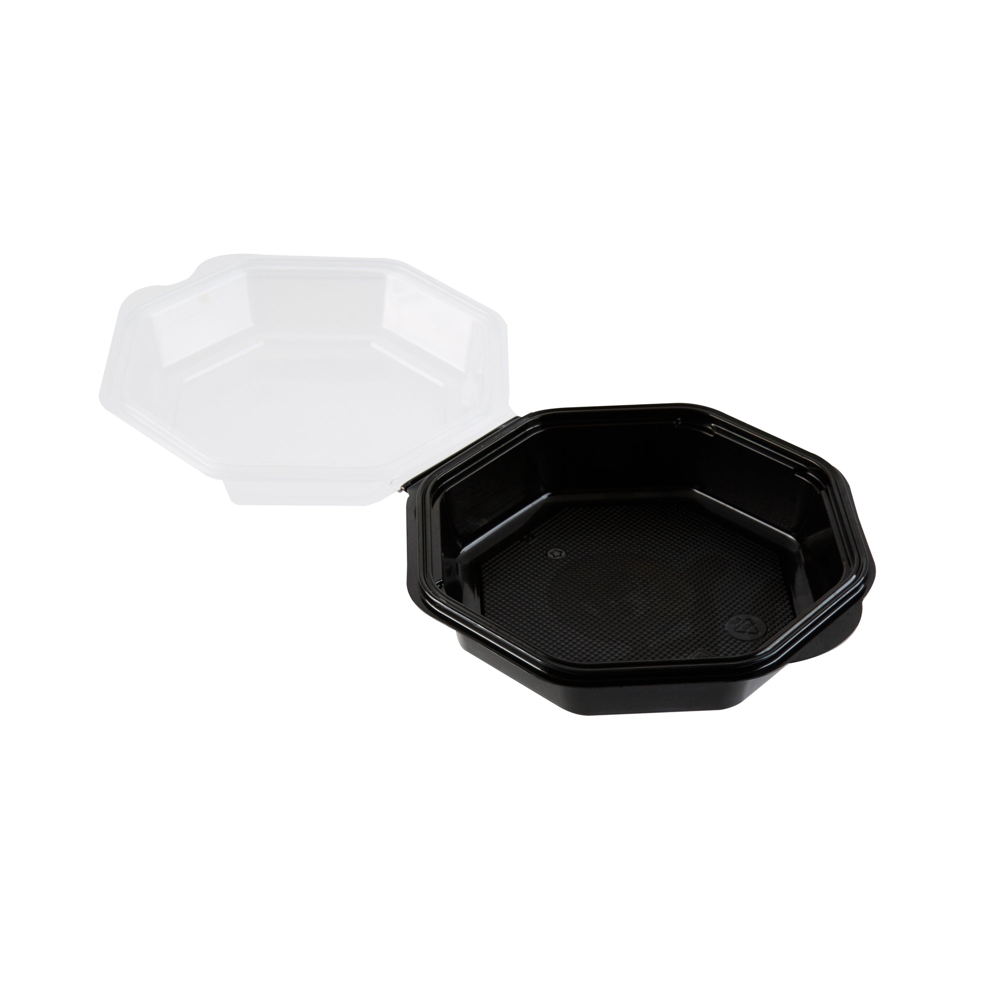 Chef 101 Octagon Black Plastic Food Container - with Clear Lid - 6 1/4" x 6 1/4" x 2" - 100 count box