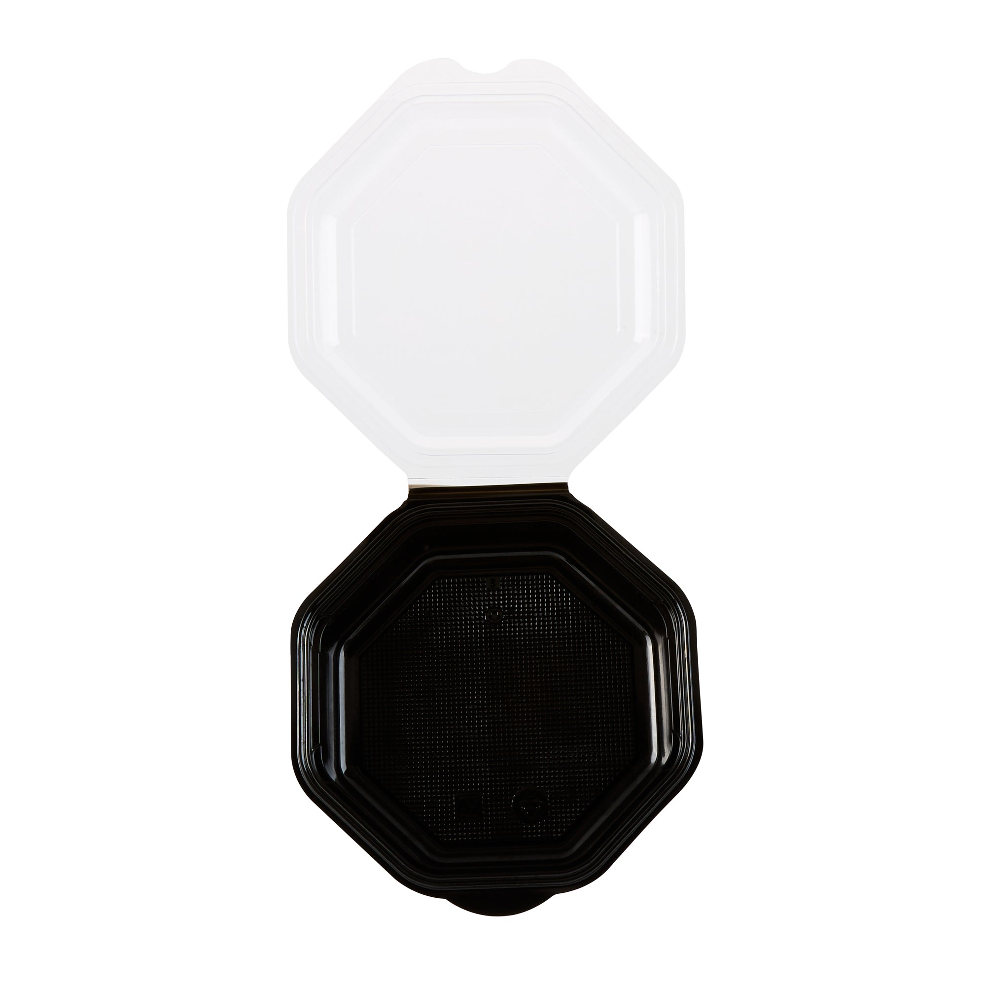 Chef 101 Octagon Black Plastic Food Container - with Clear Lid - 6 1/4" x 6 1/4" x 2" - 100 count box