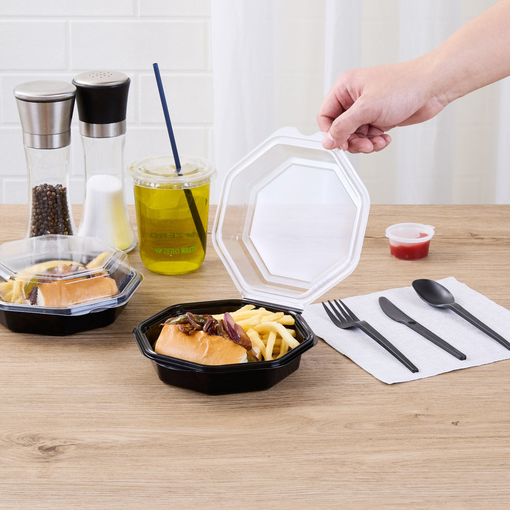 Chef 101 Octagon Black Plastic Food Container - with Clear Lid - 6 1/4" x 6 1/4" x 2" - 100 count box