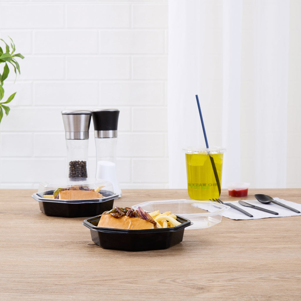 Chef 101 Octagon Black Plastic Food Container - with Clear Lid - 6 1/4" x 6 1/4" x 2" - 100 count box