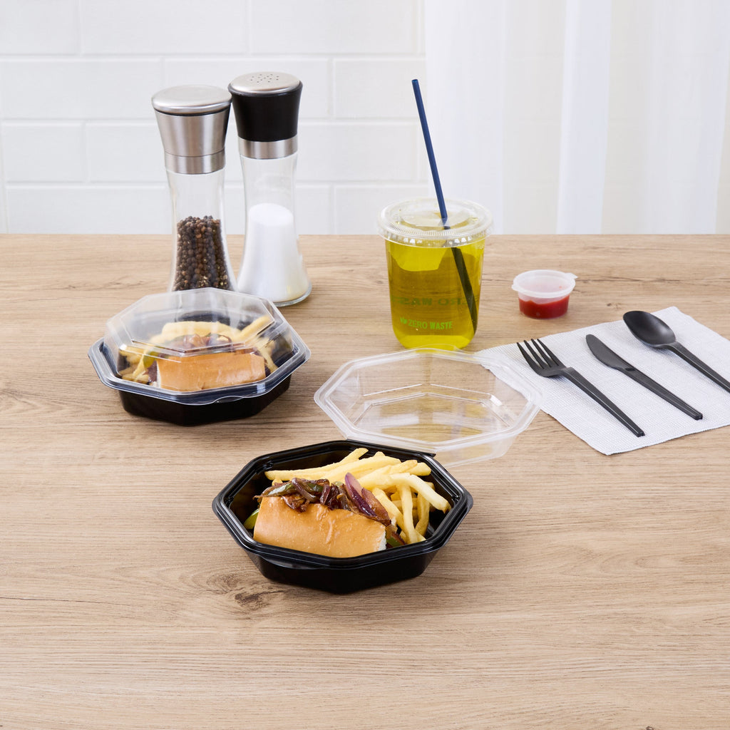 Chef 101 Octagon Black Plastic Food Container - with Clear Lid - 6 1/4" x 6 1/4" x 2" - 100 count box