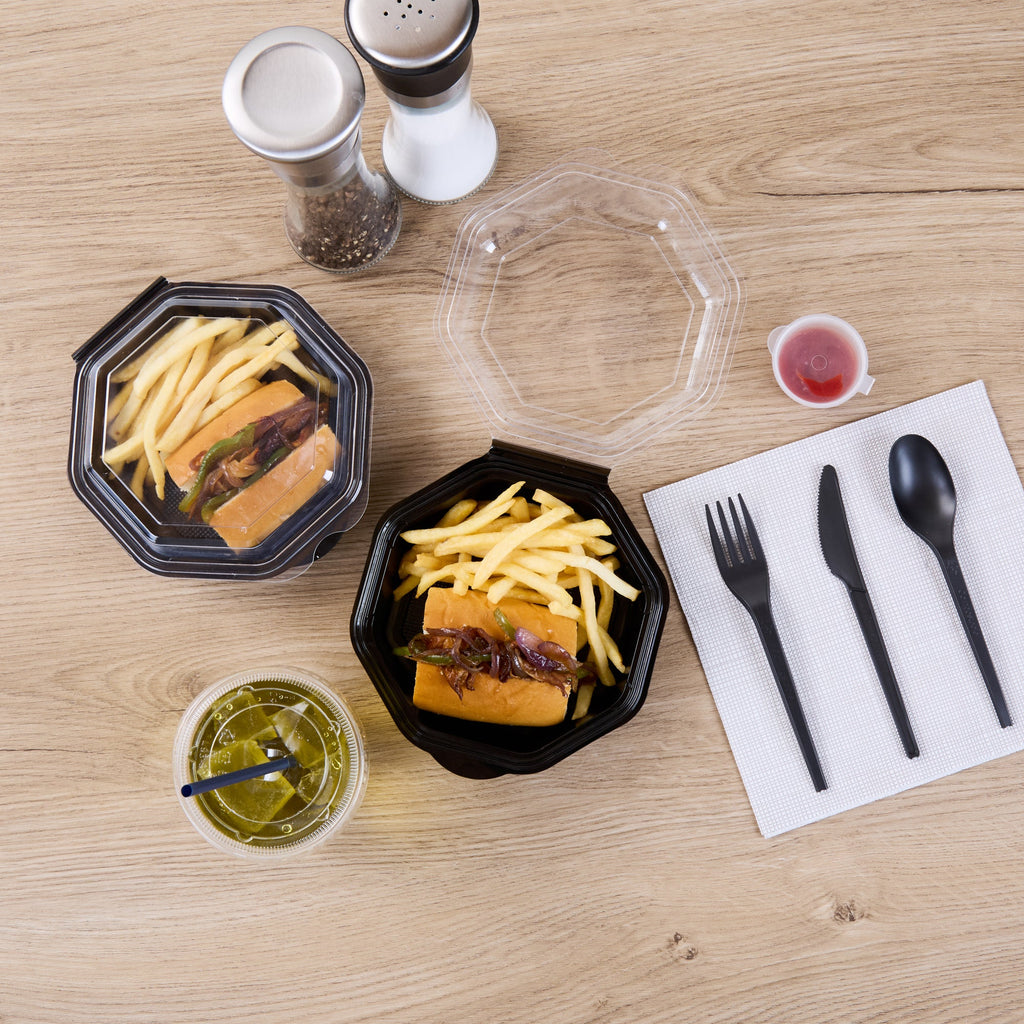 Chef 101 Octagon Black Plastic Food Container - with Clear Lid - 6 1/4" x 6 1/4" x 2" - 100 count box
