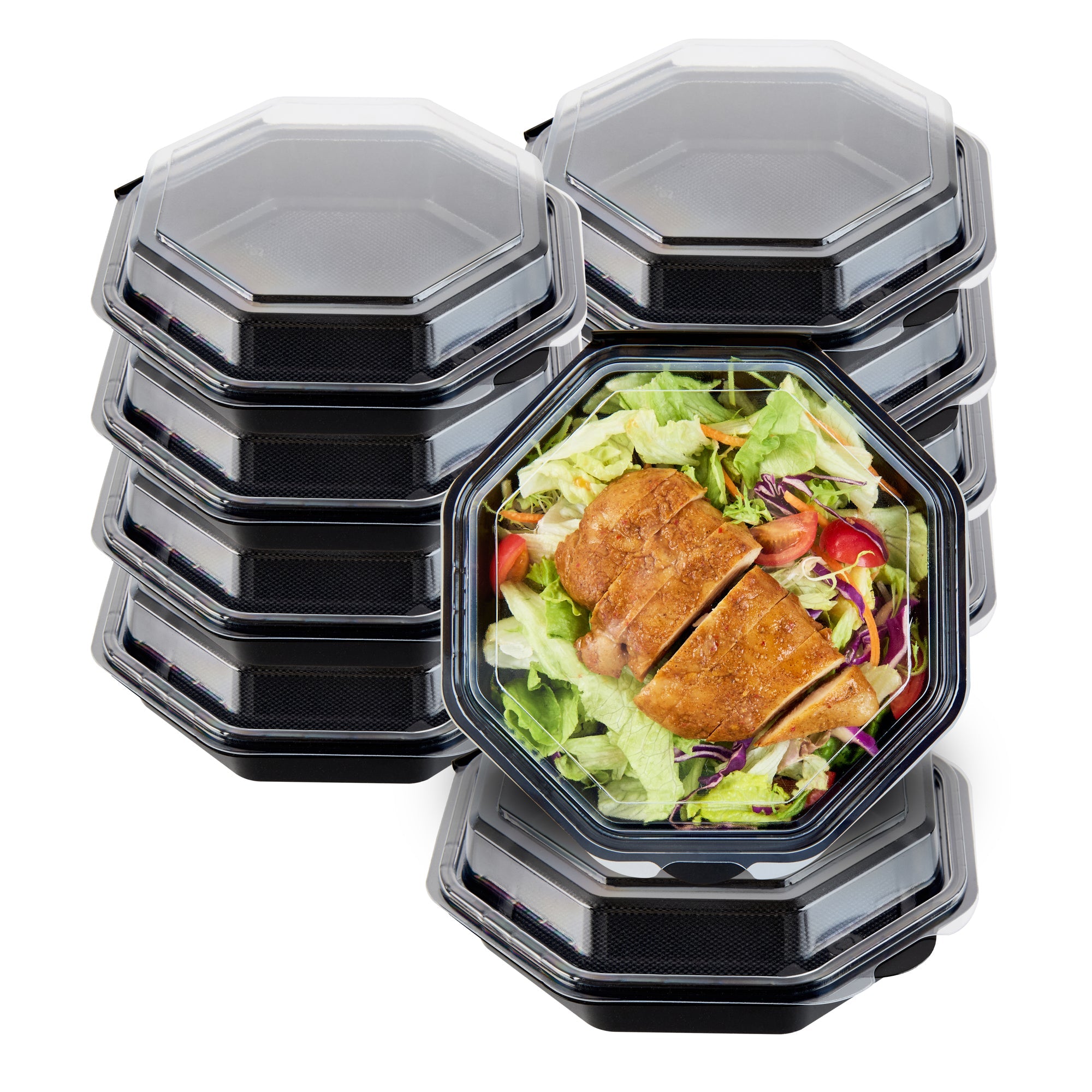 Chef 101 Octagon Black Plastic Food Container - with Clear Lid - 7 1/2" x 7 1/2" x 2 1/4" - 100 count box