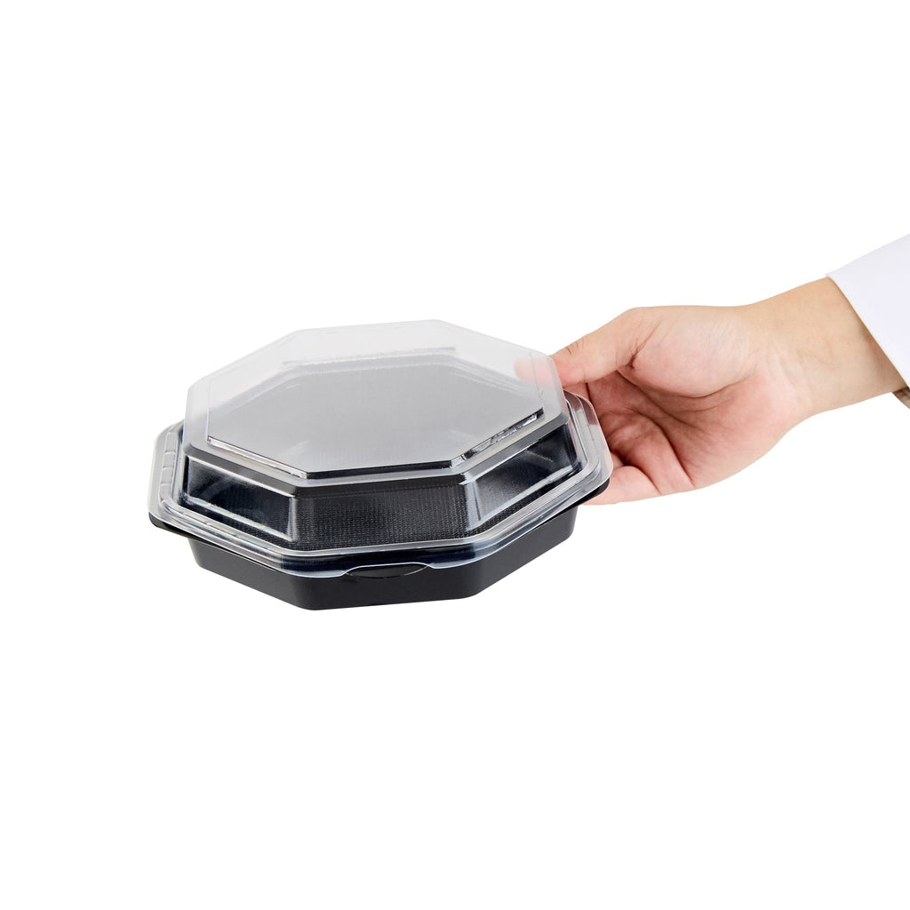 Chef 101 Octagon Black Plastic Food Container - with Clear Lid - 7 1/2" x 7 1/2" x 2 1/4" - 100 count box