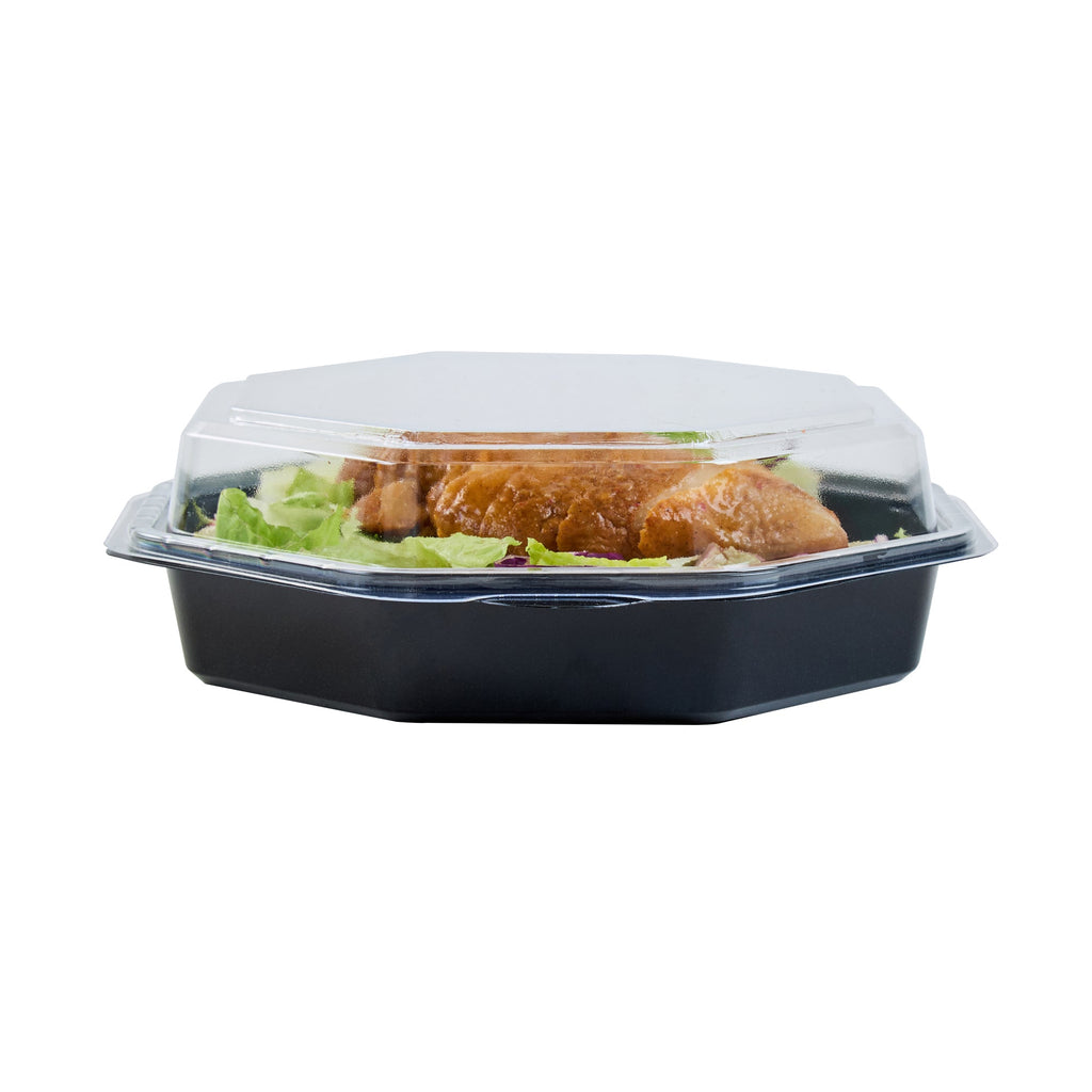 Chef 101 Octagon Black Plastic Food Container - with Clear Lid - 7 1/2" x 7 1/2" x 2 1/4" - 100 count box