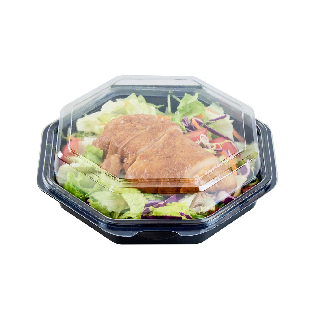 Chef 101 Octagon Black Plastic Food Container - with Clear Lid - 7 1/2" x 7 1/2" x 2 1/4" - 100 count box