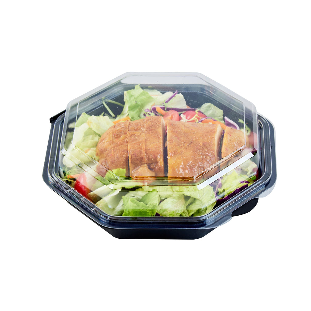 Chef 101 Octagon Black Plastic Food Container - with Clear Lid - 7 1/2" x 7 1/2" x 2 1/4" - 100 count box