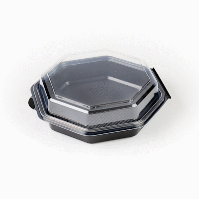 Chef 101 Octagon Black Plastic Food Container - with Clear Lid - 7 1/2" x 7 1/2" x 2 1/4" - 100 count box