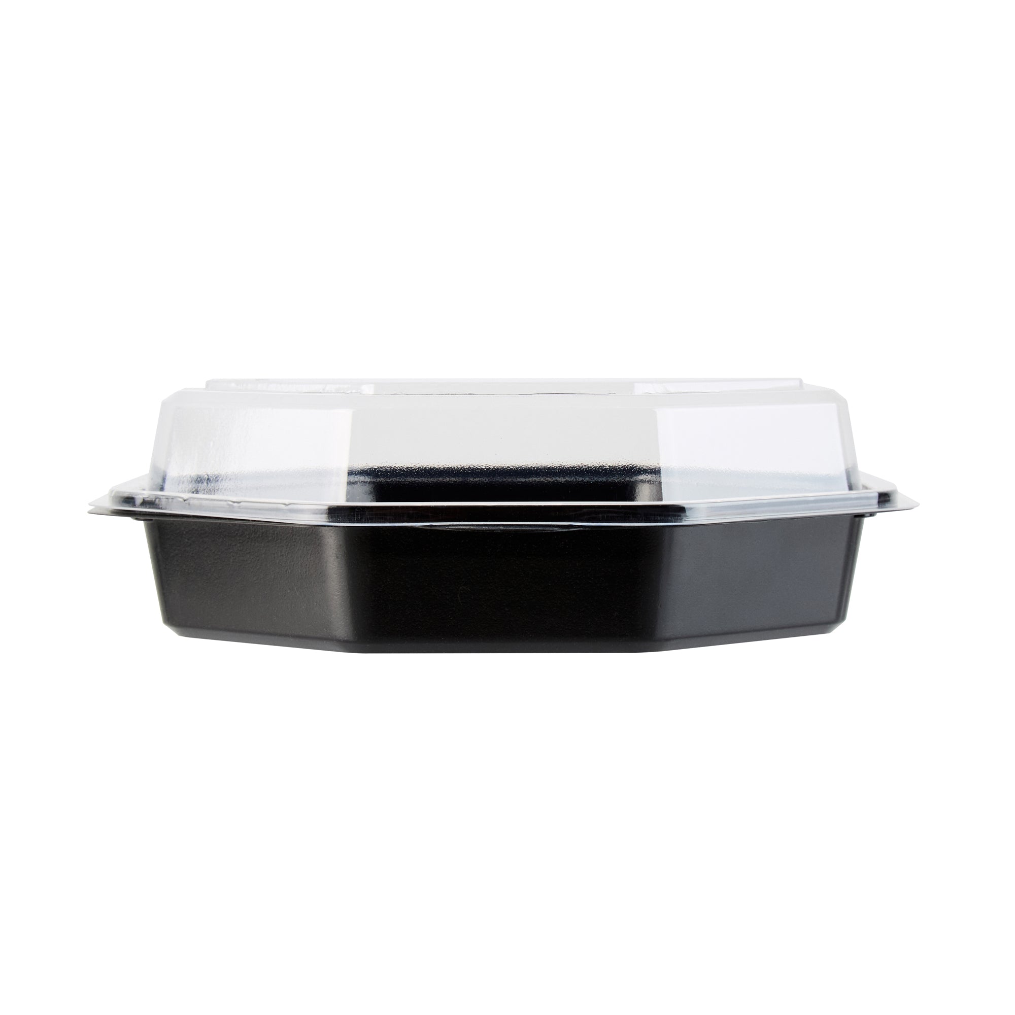Chef 101 Octagon Black Plastic Food Container - with Clear Lid - 7 1/2" x 7 1/2" x 2 1/4" - 100 count box