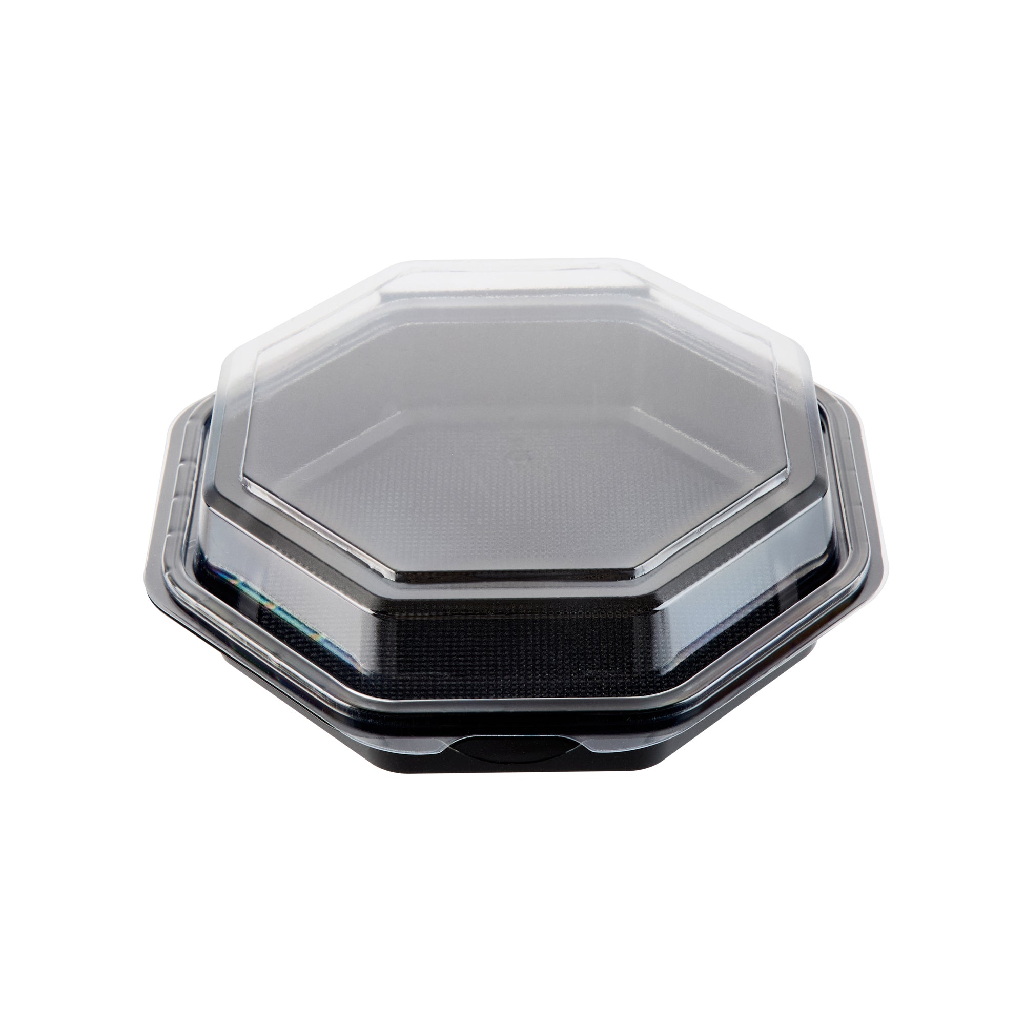 Chef 101 Octagon Black Plastic Food Container - with Clear Lid - 7 1/2" x 7 1/2" x 2 1/4" - 100 count box