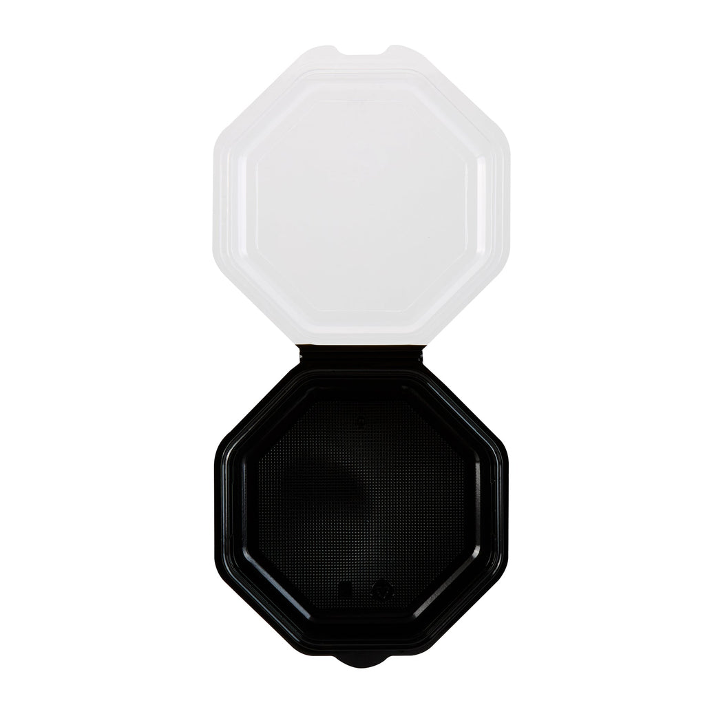 Chef 101 Octagon Black Plastic Food Container - with Clear Lid - 7 1/2" x 7 1/2" x 2 1/4" - 100 count box