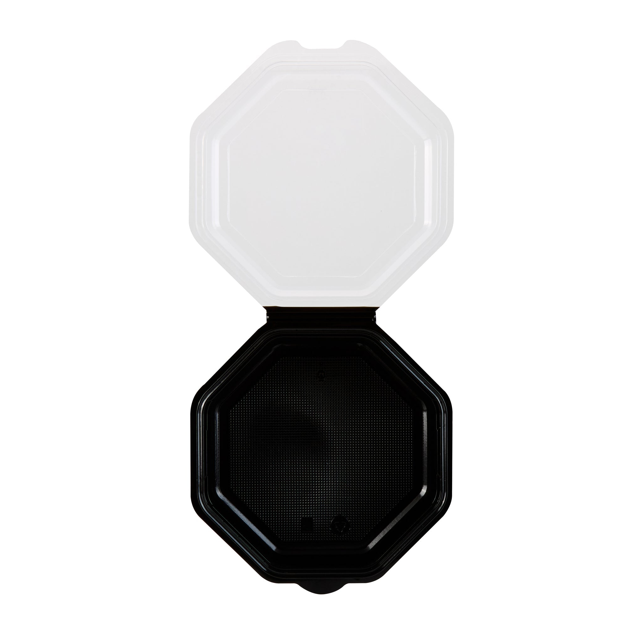 Chef 101 Octagon Black Plastic Food Container - with Clear Lid - 7 1/2" x 7 1/2" x 2 1/4" - 100 count box