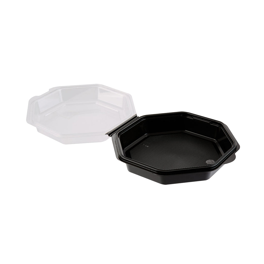 Chef 101 Octagon Black Plastic Food Container - with Clear Lid - 7 1/2" x 7 1/2" x 2 1/4" - 100 count box
