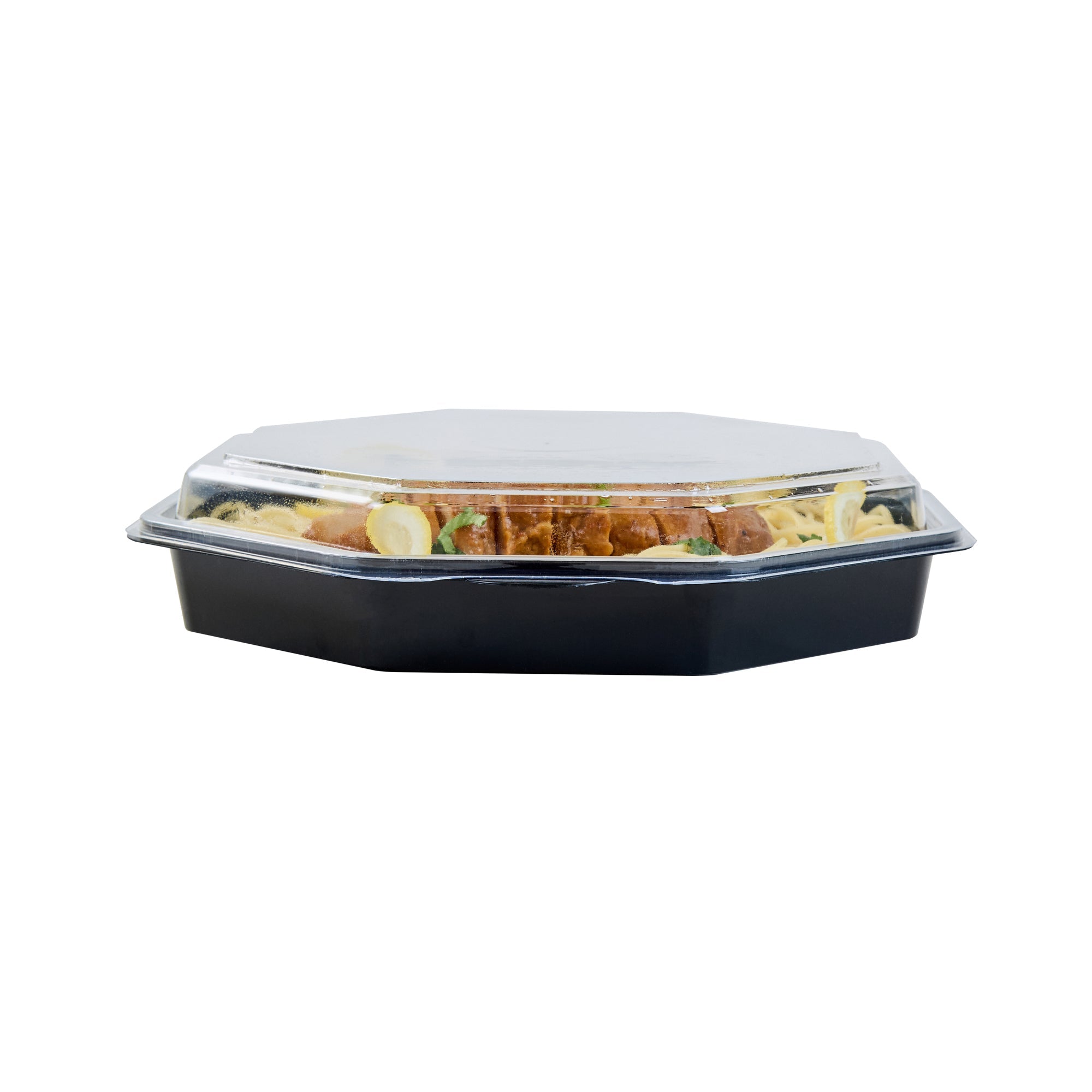 Chef 101 Octagon Black Plastic Food Container - with Clear Lid - 9" x 9" x 2" - 100 count box