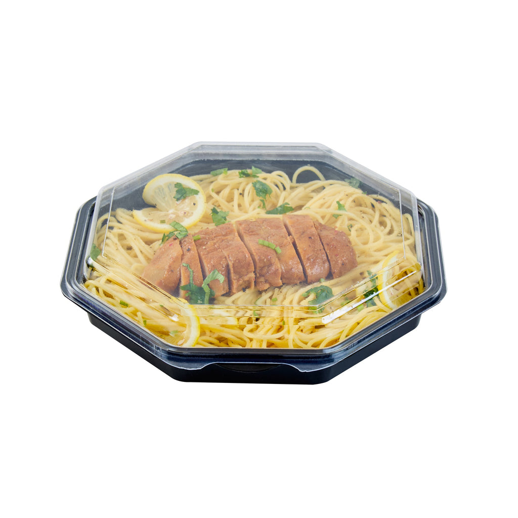 Chef 101 Octagon Black Plastic Food Container - with Clear Lid - 9" x 9" x 2" - 100 count box