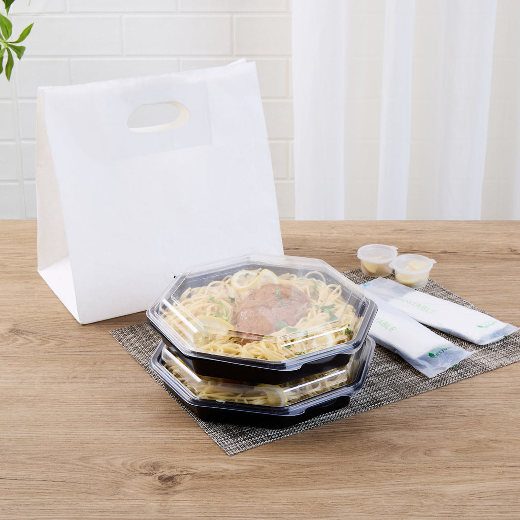 Chef 101 Octagon Black Plastic Food Container - with Clear Lid - 9" x 9" x 2" - 100 count box