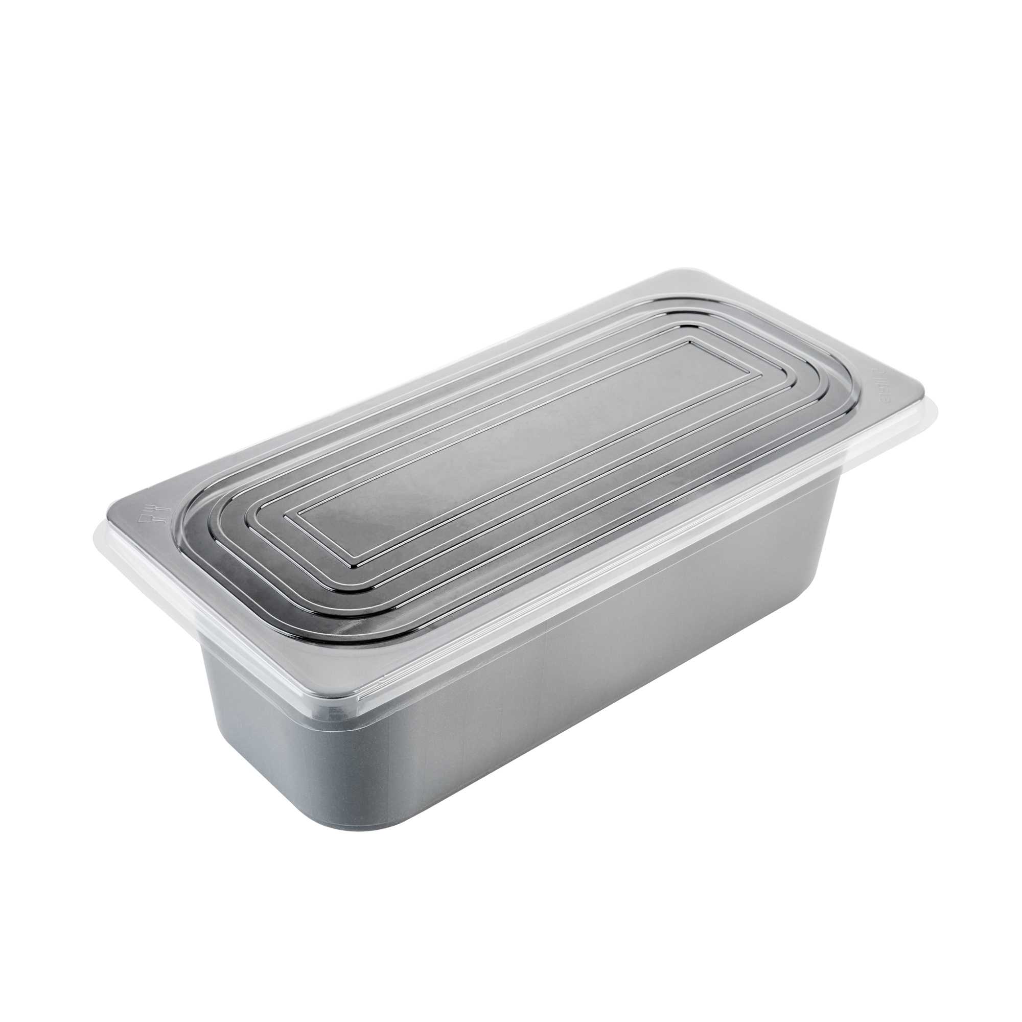 Chef 101 5 Qt Rectangle Gray Plastic Ice Cream Container - with Clear Lid - 13 1/2" x 6 1/2" x 4 3/4" - 25 count box