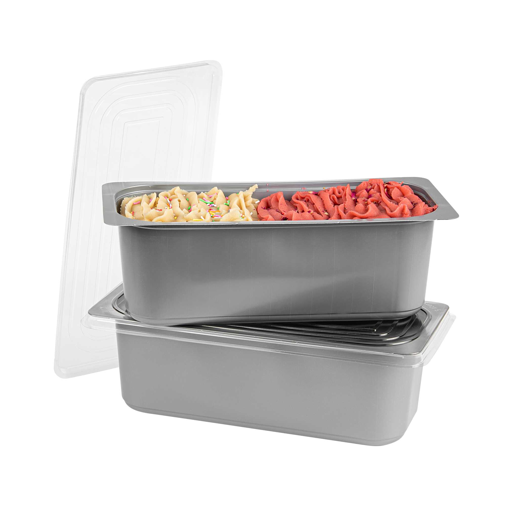 Chef 101 5 Qt Rectangle Gray Plastic Ice Cream Container - with Clear Lid - 13 1/2" x 6 1/2" x 4 3/4" - 25 count box