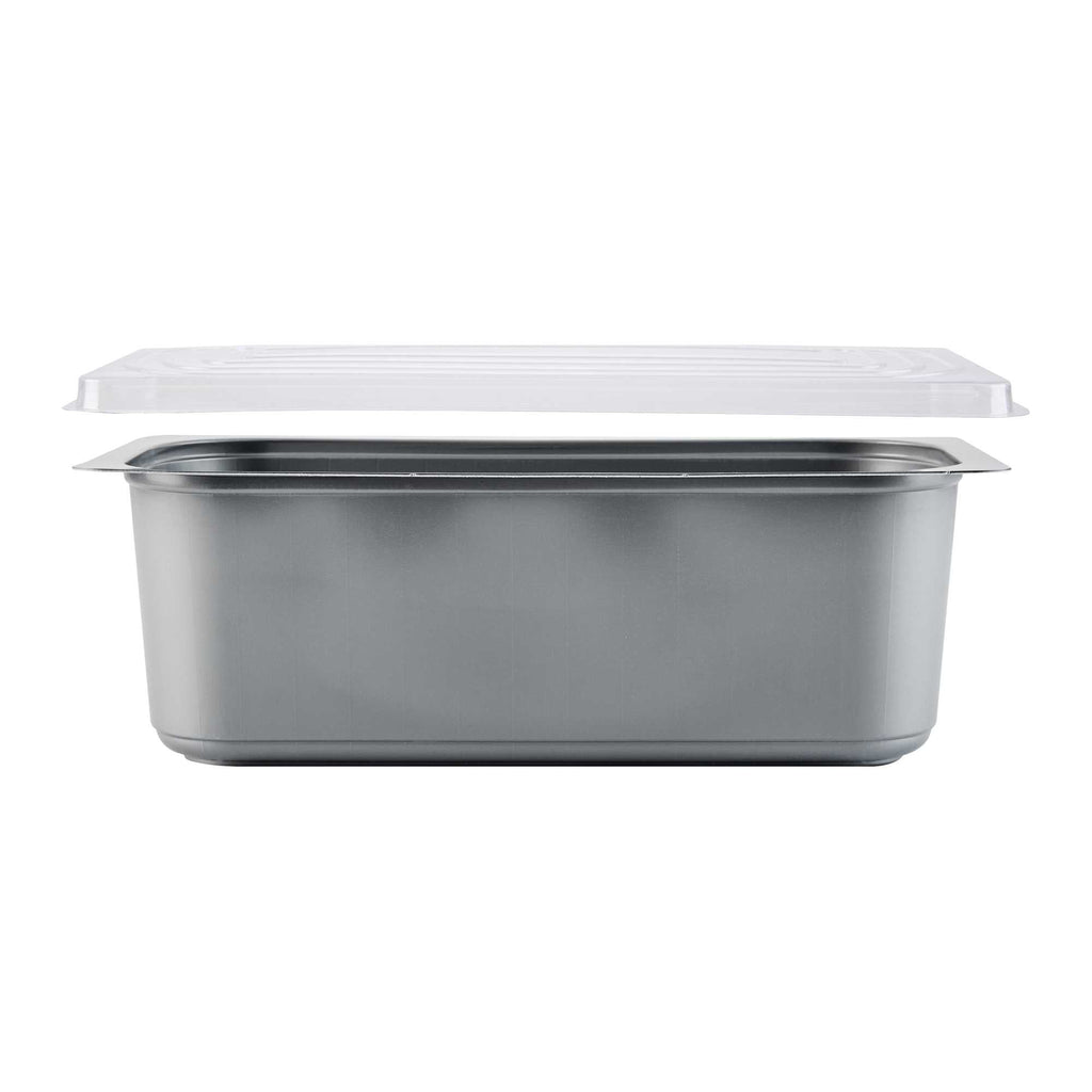 Chef 101 5 Qt Rectangle Gray Plastic Ice Cream Container - with Clear Lid - 13 1/2" x 6 1/2" x 4 3/4" - 25 count box