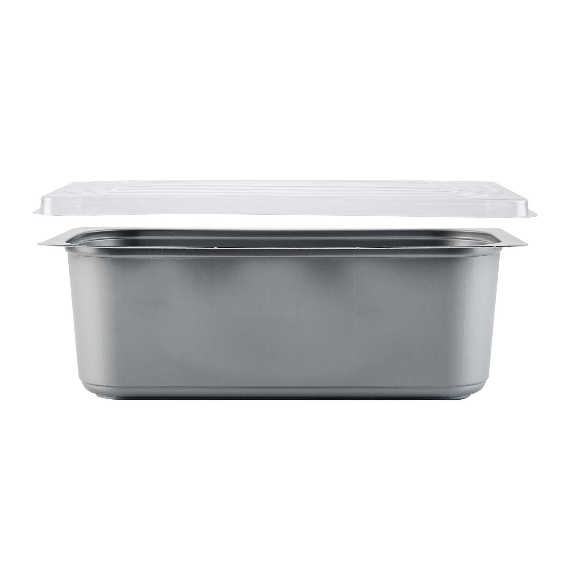 Chef 101 5 Qt Rectangle Gray Plastic Ice Cream Container - with Clear Lid - 13 1/2" x 6 1/2" x 4 3/4" - 25 count box