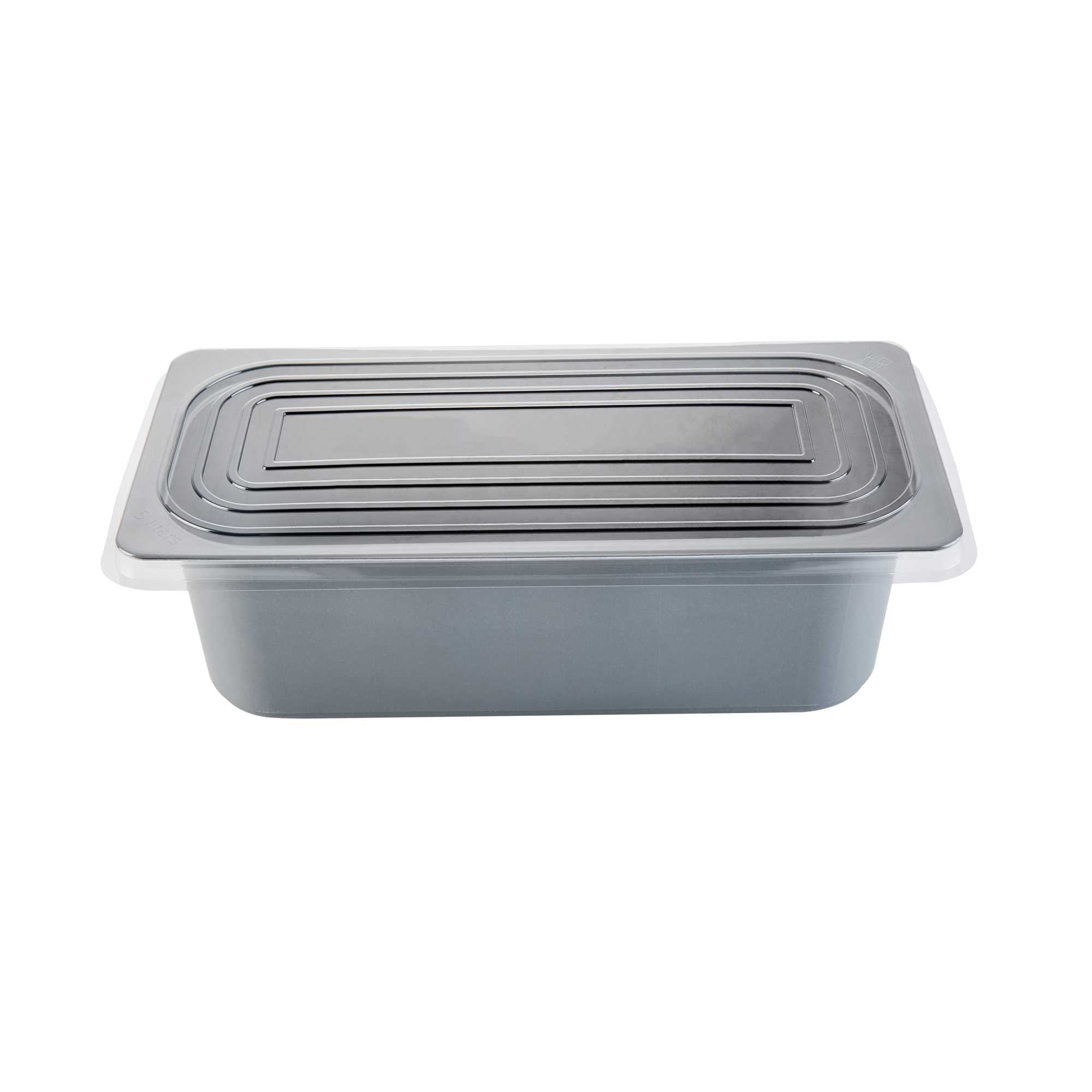 Chef 101 5 Qt Rectangle Gray Plastic Ice Cream Container - with Clear Lid - 13 1/2" x 6 1/2" x 4 3/4" - 25 count box