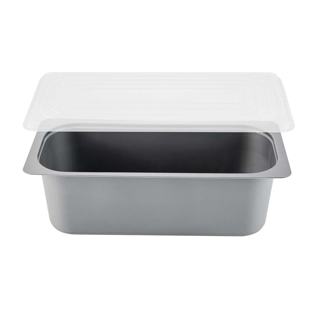 Chef 101 5 Qt Rectangle Gray Plastic Ice Cream Container - with Clear Lid - 13 1/2" x 6 1/2" x 4 3/4" - 25 count box