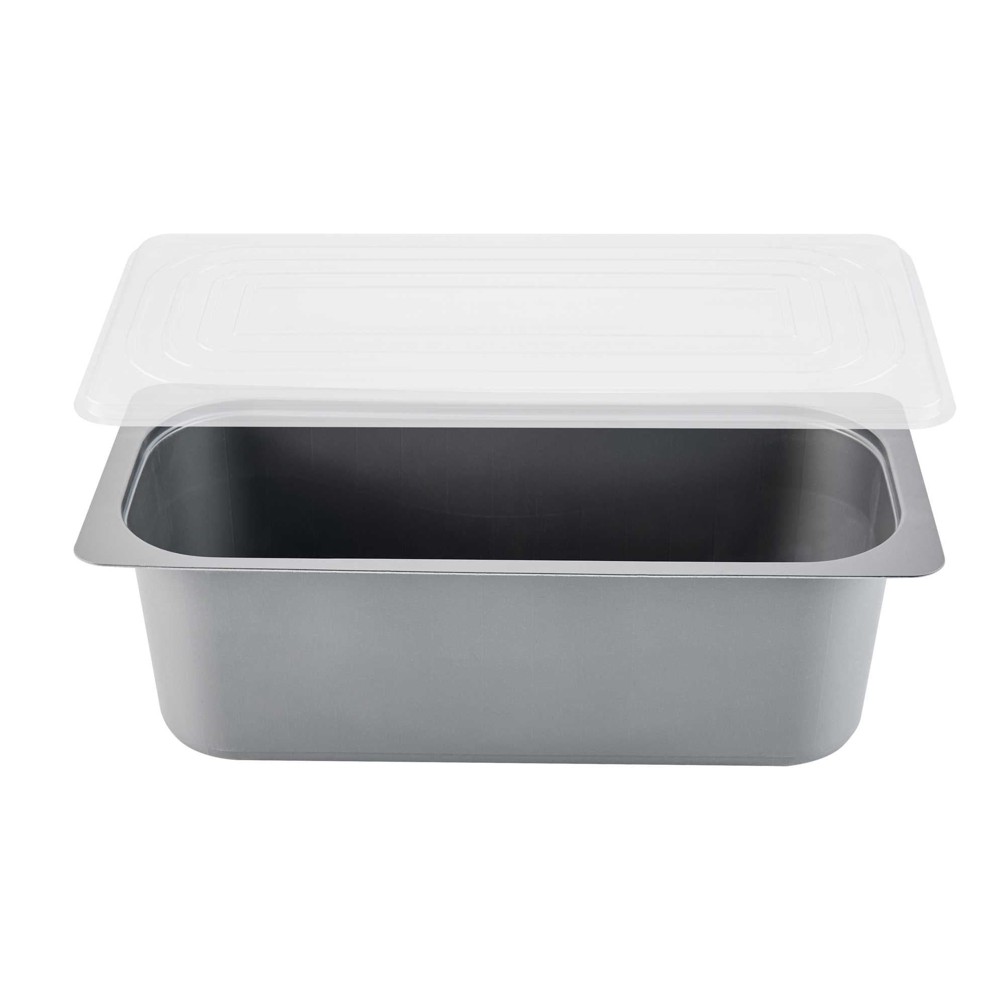 Chef 101 5 Qt Rectangle Gray Plastic Ice Cream Container - with Clear Lid - 13 1/2" x 6 1/2" x 4 3/4" - 25 count box