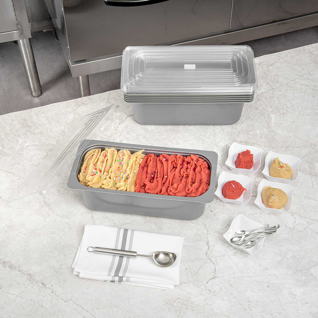 Chef 101 5 Qt Rectangle Gray Plastic Ice Cream Container - with Clear Lid - 13 1/2" x 6 1/2" x 4 3/4" - 25 count box