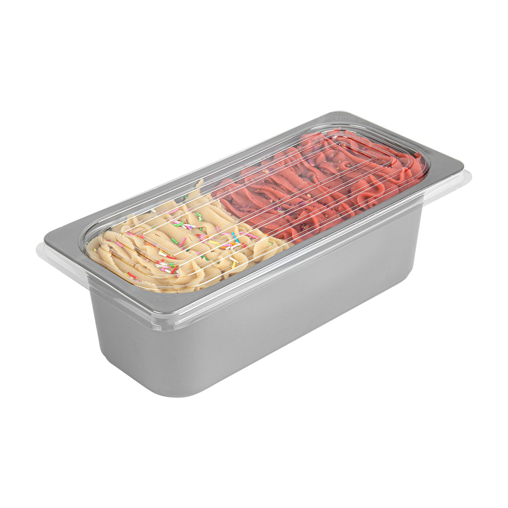 Chef 101 5 Qt Rectangle Gray Plastic Ice Cream Container - with Clear Lid - 13 1/2" x 6 1/2" x 4 3/4" - 100 count box