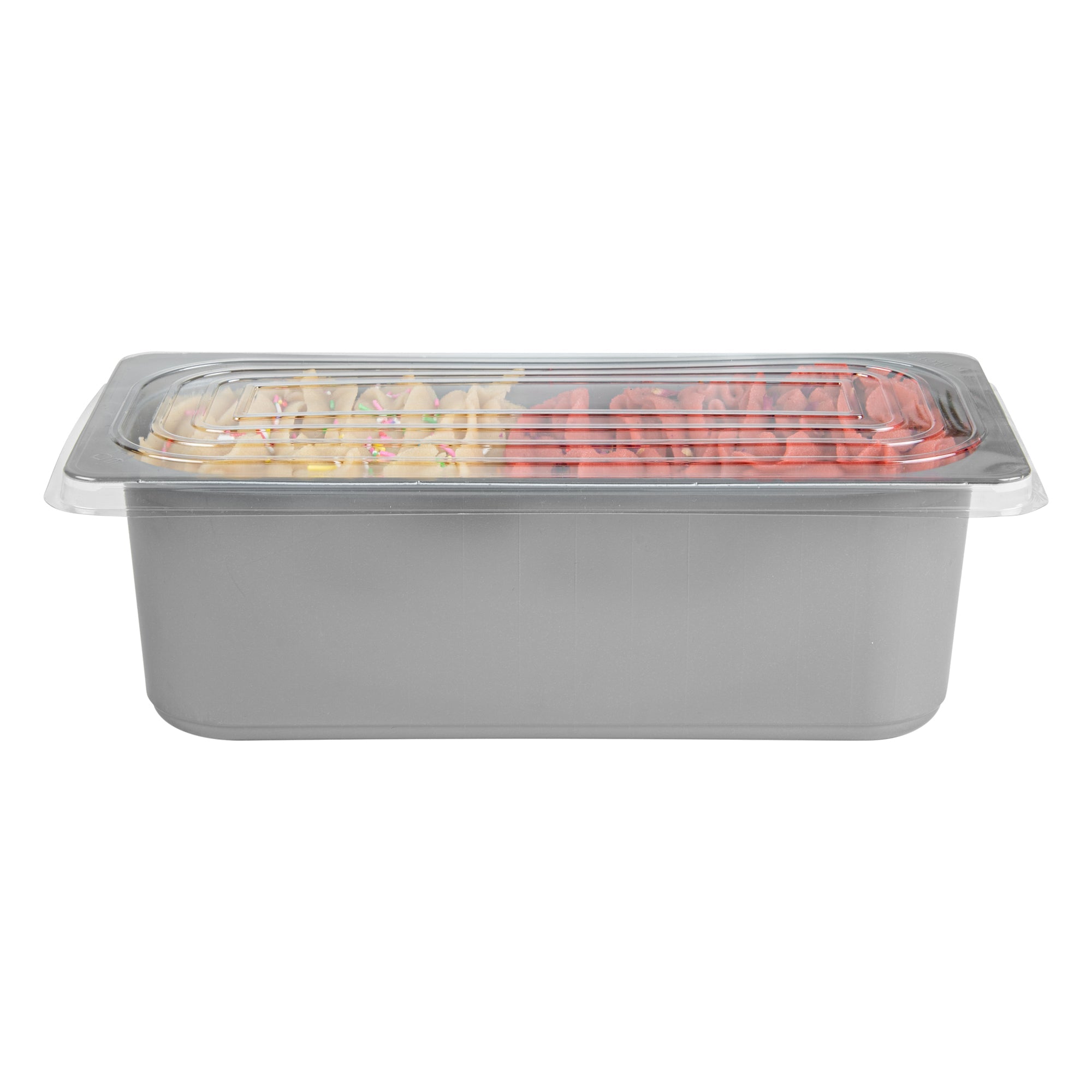 Chef 101 5 Qt Rectangle Gray Plastic Ice Cream Container - with Clear Lid - 13 1/2" x 6 1/2" x 4 3/4" - 100 count box