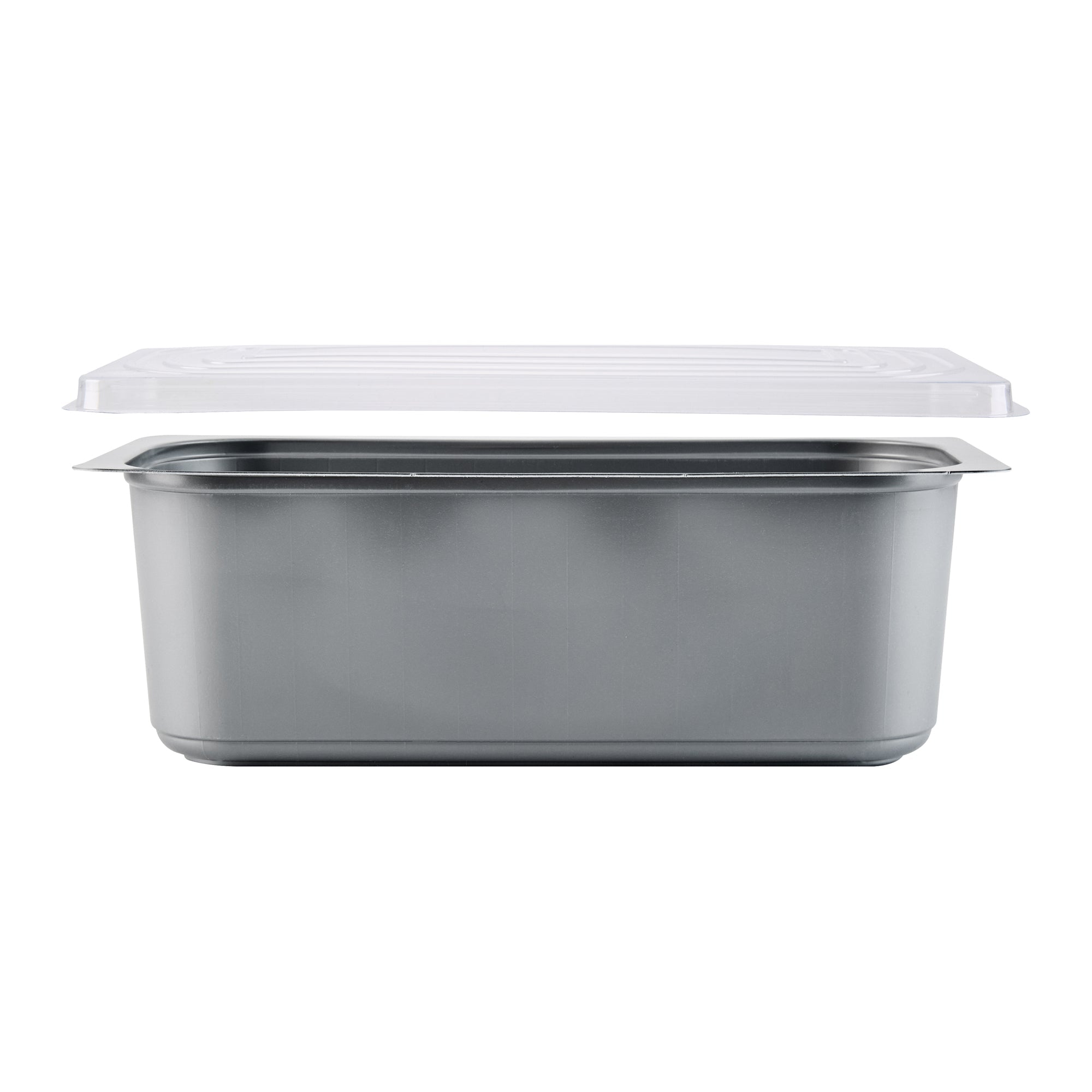 Chef 101 5 Qt Rectangle Gray Plastic Ice Cream Container - with Clear Lid - 13 1/2" x 6 1/2" x 4 3/4" - 100 count box