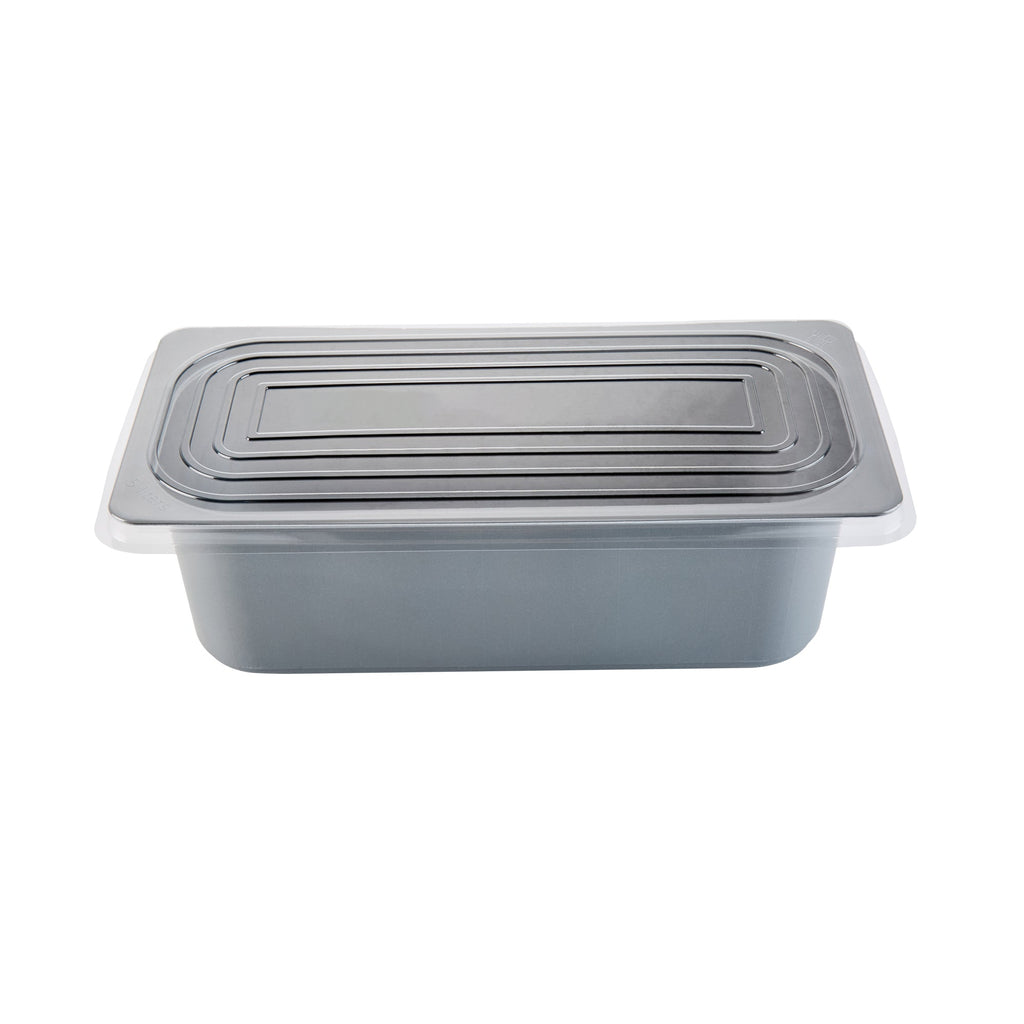 Chef 101 5 Qt Rectangle Gray Plastic Ice Cream Container - with Clear Lid - 13 1/2" x 6 1/2" x 4 3/4" - 100 count box