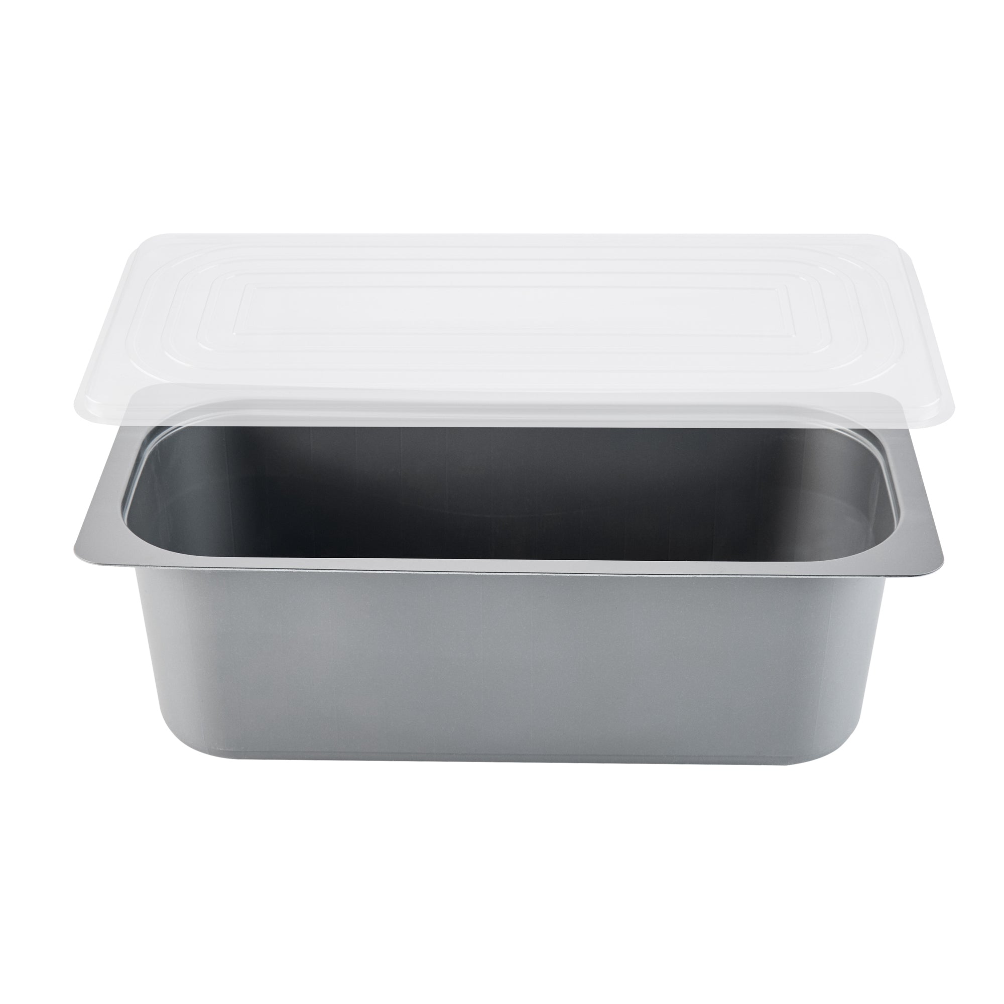 Chef 101 5 Qt Rectangle Gray Plastic Ice Cream Container - with Clear Lid - 13 1/2" x 6 1/2" x 4 3/4" - 100 count box