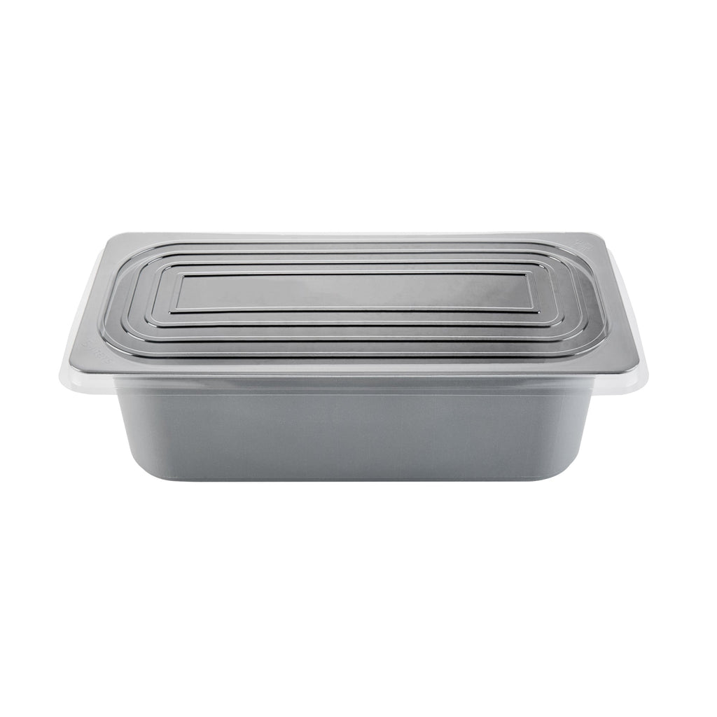 Chef 101 5 Qt Rectangle Gray Plastic Ice Cream Container - with Clear Lid - 13 1/2" x 6 1/2" x 4 3/4" - 100 count box