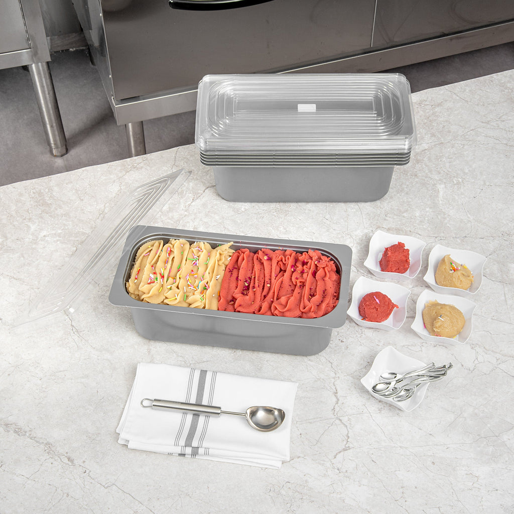 Chef 101 5 Qt Rectangle Gray Plastic Ice Cream Container - with Clear Lid - 13 1/2" x 6 1/2" x 4 3/4" - 100 count box