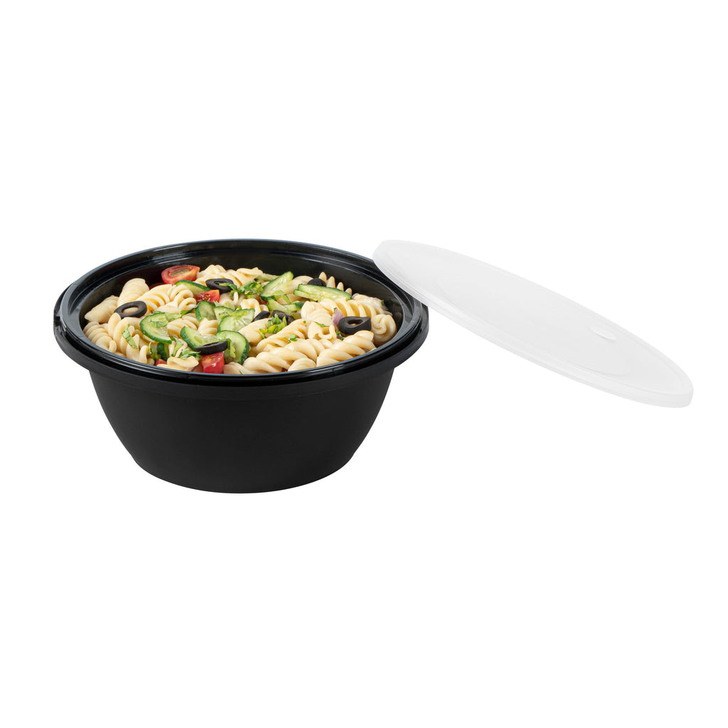 Cater Tek 51 oz Round Black Plastic Catering / Serving Bowl - with Clear Lid, Microwavable - 8" x 8" x 3 1/2" - 25 count box