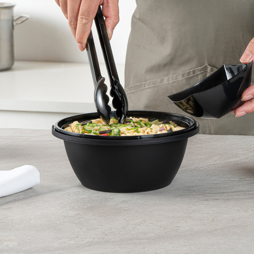 Cater Tek 51 oz Round Black Plastic Catering / Serving Bowl - with Clear Lid, Microwavable - 8" x 8" x 3 1/2" - 25 count box