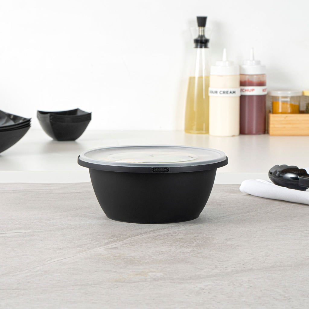 Cater Tek 51 oz Round Black Plastic Catering / Serving Bowl - with Clear Lid, Microwavable - 8" x 8" x 3 1/2" - 25 count box