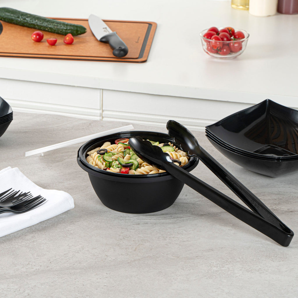 Cater Tek 51 oz Round Black Plastic Catering / Serving Bowl - with Clear Lid, Microwavable - 8" x 8" x 3 1/2" - 100 count box