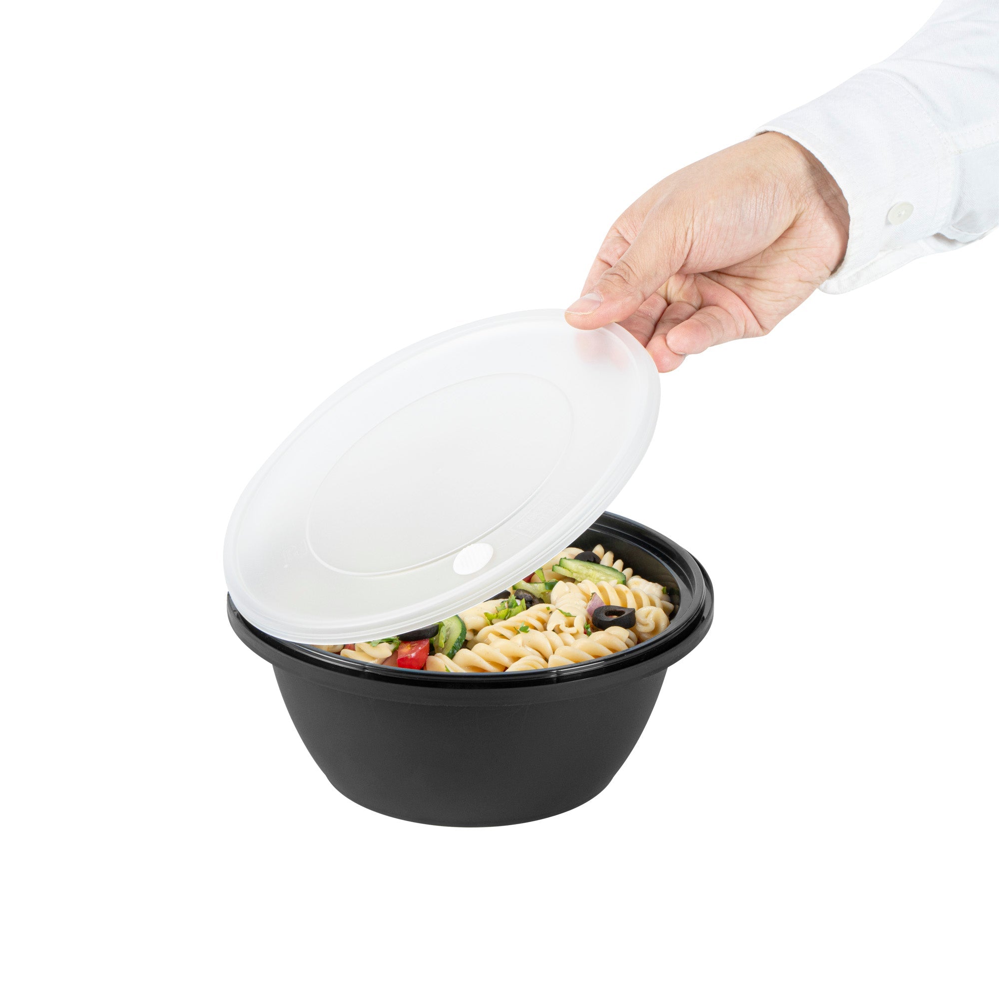 Cater Tek 51 oz Round Black Plastic Catering / Serving Bowl - with Clear Lid, Microwavable - 8" x 8" x 3 1/2" - 100 count box