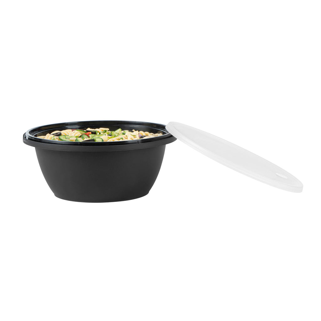 Cater Tek 51 oz Round Black Plastic Catering / Serving Bowl - with Clear Lid, Microwavable - 8" x 8" x 3 1/2" - 100 count box