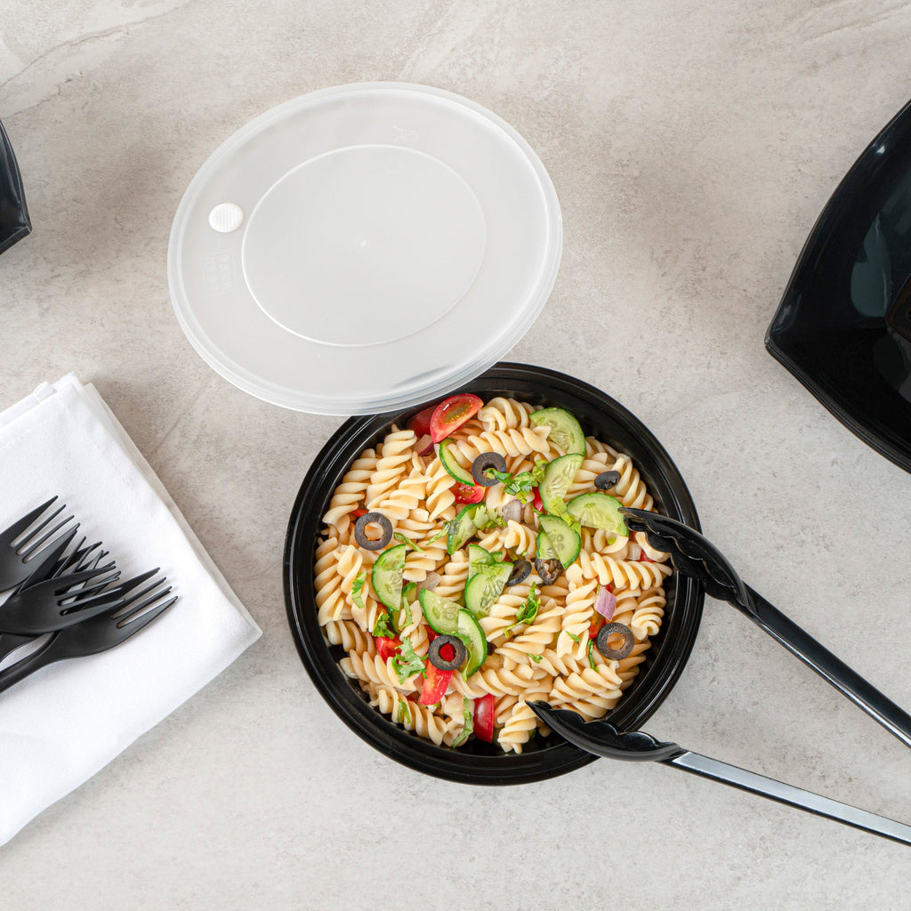 Cater Tek 51 oz Round Black Plastic Catering / Serving Bowl - with Clear Lid, Microwavable - 8" x 8" x 3 1/2" - 100 count box