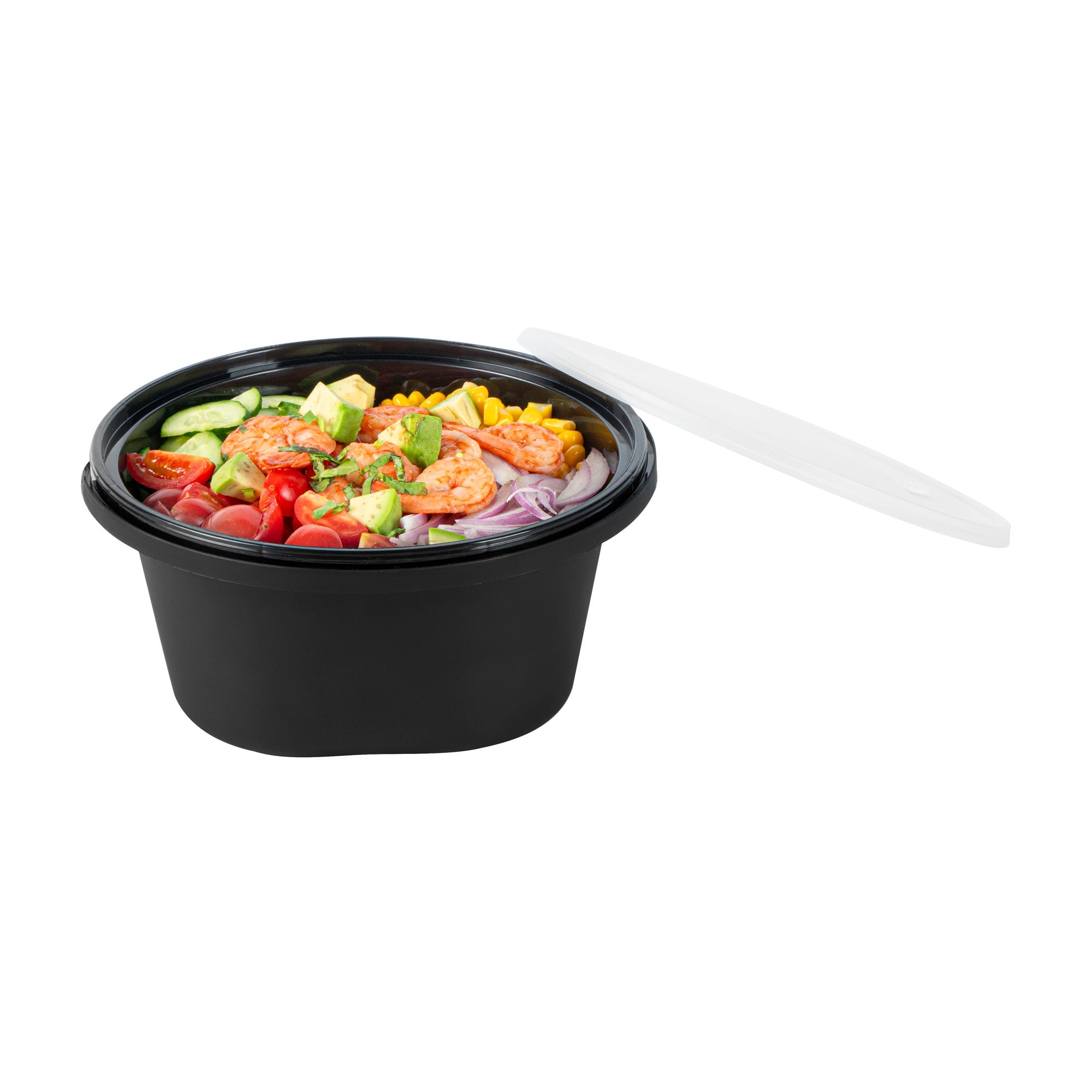 Cater Tek 59 oz Round Black Plastic Catering / Serving Bowl - with Clear Lid, Microwavable - 8" x 8" x 3 3/4" - 25 count box