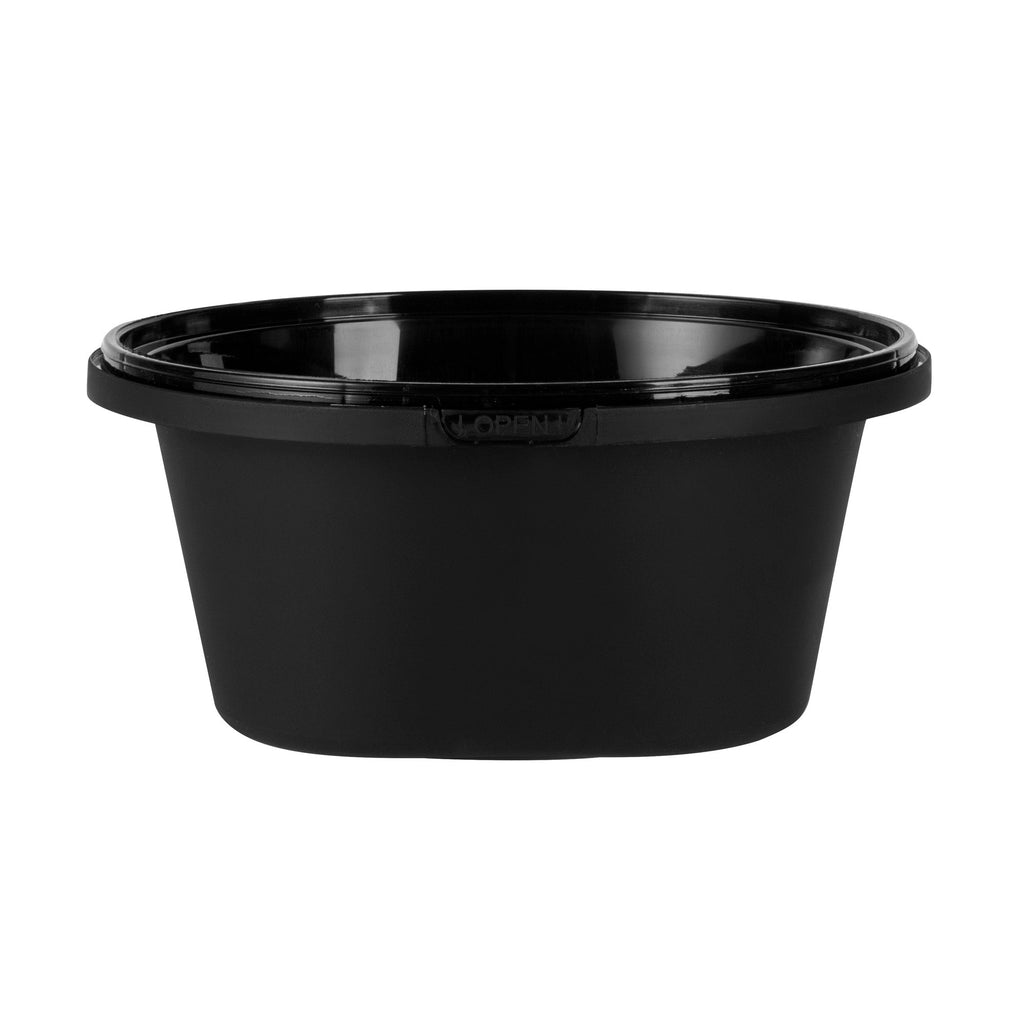 Cater Tek 59 oz Round Black Plastic Catering / Serving Bowl - with Clear Lid, Microwavable - 8" x 8" x 3 3/4" - 25 count box