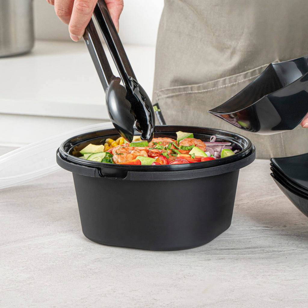 Cater Tek 59 oz Round Black Plastic Catering / Serving Bowl - with Clear Lid, Microwavable - 8" x 8" x 3 3/4" - 25 count box